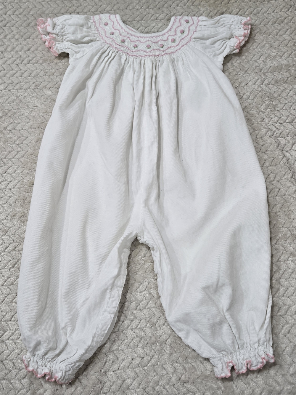 Petit Bebe Smocked Corduroy Bubble Romper White Pink Baby Girls 18 months